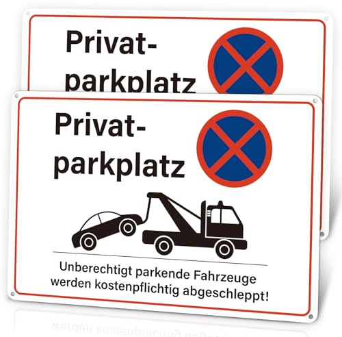 2 Stück Parken Verboten Schild,30 x 20 cm Privatparkplatz Schild Aluminium | Privatgrundstück Warnschild mit Trägerkleber, Unberechtigt parkende Fahrzeuge werden kostenpflichtig abgeschleppt (Weiß)