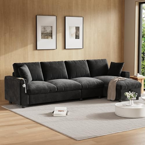 Chenille-tygsoffa, L-format hörn och två armstöd med förvaringsutrymme. Utfällbart soffbord med två mugghållare, 1 USB och 1 typ C. L-formad del kan placeras vänster eller höger. grå