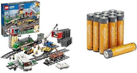 LEGO City Treno Merci RC, 32 binari/segnali, 6+ anni, 60198, & Batterie AAA Alcaline Amazon Basics 12 pz, 10 anni