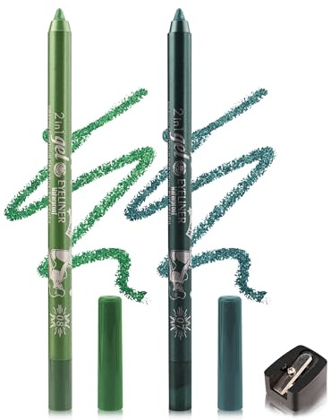 2Pcs Glitzer Gel Eyeliner, Grün Teal Metallic Shimmer Kajalstift Wasserfest | Langahaltend Wischfest Eyeliner mit Anspitzer, Hochpigmentierter Lidschattenstift, Leicht Anwendbar Makeup für Cosplay Party