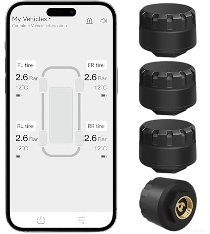 OBEST TPMS Sistema de Control de Presión de Neumáticos con 4 Sensores Externos, Inalámbrica Aplicación Bluetooth Inteligente, Detector de Temperatura, Compatible con iOS y Andro