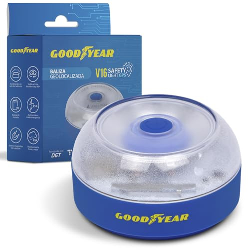 Goodyear - Baliza V16 Homologada DGT 3.0 – Luz de Emergencia Coche Conectada IoT, Geolocalización GPS, Base Magnética, Visibilidad 360°, IP54, Certificado LCOE (1 udd)
