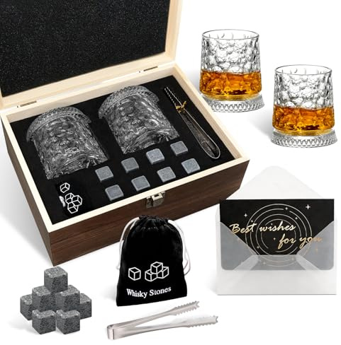 Rotatable Whiskey Glass Gifts Sets, Whisky Gifts for Men, Christmas Valentines Fathers Day Birthday Santa for Dad Him Grandad Uncle Teacher Boyfriend, 2 Glasses and 8 Stones, Handmade Wooden Box