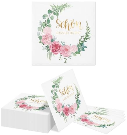 Goiern 40 Stück Schön dass du da bist Papier Servietten 33x33cm, Blumenkranz Servietten mit Rosen & Eukalyptus, Dekorative Papierservietten für Hochzeit, Party, Picknick(B)