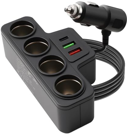 Huba Cargador de Coche 7 en 1 de 120 W, Adaptador de Encendedor de Cigarrillos con 4 enchufes y 3 Puertos USB (QC 3.0 + USB 3.1 + PD 3.1), Carga rápida para Dispositivos de Coche de 12 V/24 V