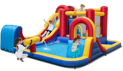 COSTWAY Castello Gonfiabile per Bambini, Parco Acquatico Gigante con Doppi Scivoli d'Acqua, 2 Piscine, Area Salto, Canestro e Parete da Arrampicata, 450 x 392 x 216 cm