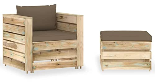 HETFTJN Gartenmöbel-Set 2-teilig, Paletten Lounge-Set aus imprägniertem Kiefernholz mit bequemen Polstern in Taupe, Modulares Gartensofa und Tisch für Terrasse und Garten