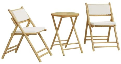Qnhdfrt 3-TLG. Bistro-Set Klappbar, Gartenmöbel-Set aus Bambus mit Kissen, Platzsparende Sitzgruppe für Balkon, Terrasse & Garten, Tisch mit 2 Klappstühlen (Bambusmöbel Set)