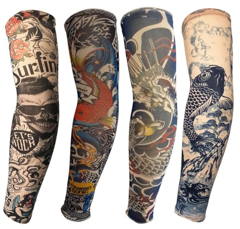 XETHI 4 Pcs Tattoo Sleeve | Breathable Stretch One Size Fake Sleeves Women Men with Classic Prints for Outdoor Activities