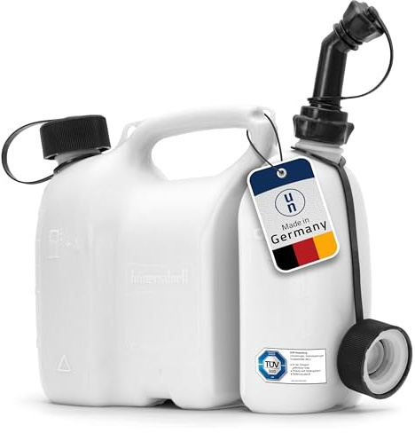 hünersdorff 803900 PROFI dubbeldunk/kombibehållare för bränsle och olja med barnsäkerhet och utloppsrör, 3 + 1,5 liter, UN-godkännande, tillverkad i Tyskland, vit