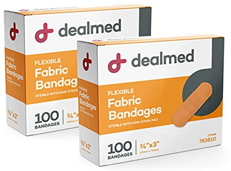 Dealmed Fabric Flexible Adhesive Bandages – 100 Count (2 Pack) Bandages with Non-Stick Pad, Latex Free, Wound Care for First Aid Kit, 3 x 3/4