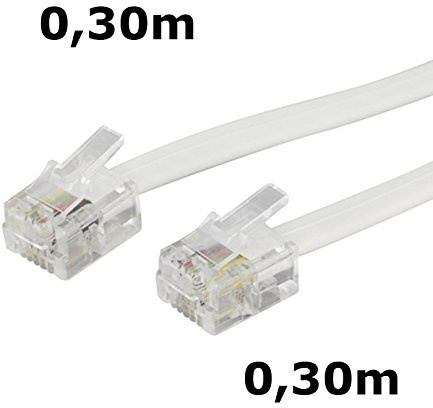 DITM® Cordon Téléphone/ADSL - RJ11 mâle/mâle - Blanc - 0,30 m - Haute qualité et Vitesse supérieure - Broches de Contact Plaqué Or - Relie Modem ou routeur à la Prise téléphonique - Blanc - 0,30 m