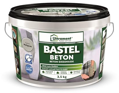 Ultrament Bastel Beton zum gießen| Hochwertige Gießmasse für kreative DIY-Projekte | Feuchtigkeits- & frostbeständig wasserdicht, Beton Gießmasse, Hellgrau, 3,5 Kg