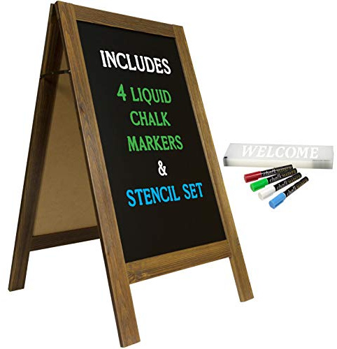Large Sturdy Handcrafted 40 x 20 Wooden A-Frame Chalkboard Display / 4 Liquid Chalk Markers & Stencil Set/Sidewalk Chalkboard Sign Sandwich Board/Chalk Board Standing Sign (Rustic)