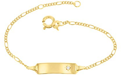 JC Schmuck 585 Gold Baby ID-Armband Kinder Goldarmband 14 cm mit Zirkonia-Stein in Sternfassung I Figaro Armband mit Gravur Taufarmband Namensarmband I Kinderschmuck made in Germany I 5.53042.70