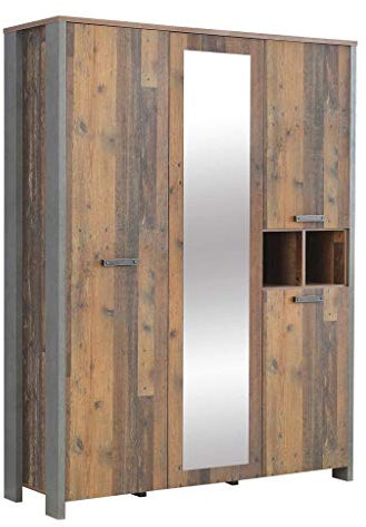 FORTE CLIF Schrank 150 160, Kleiderschrank mit Spiegel Industrial Vintage Schlafzimmerschrank 4-türig Holzdekor: Old – Wood Vintage / Betonoptik Dunkelgrau, 156 cm breit x 205 cm hoch x 52 cm tief