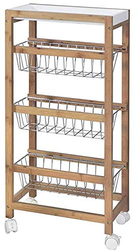 BAKAJI Carrello da Cucina Slim Salvaspazio in Legno di bambù con 1 Vassoio Estraibile 3 Ceste Portafrutta in Metallo e 4 Ruote Girevoli Carrello Portavivande Casa Dimensione 40 x 22 x 83 cm