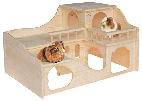 Resch Nr35 Meerschweinchenschloss naturbelassenes Massivholz aus Fichte/Mit Zwei großen EIN-/Ausgängen im Erdgeschoss, die im inneren durch einen „Tunnel“ verbunden sind / 55 x 39 x 33 cm (LxBxH)