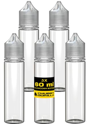 Chubby Gorilla V3 Plastikflaschen für Flüssigkeiten, Öle und E-Liquids, 60 ml, leer, 5 x 60 ml, transparente Flasche mit transparentem Deckel