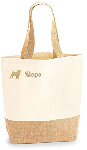 Mops Jute Jutebeutel Shopper Einkaufstasche Hundemotiv Stickerei Tasche Hund Hunde Pug Baumwolltasche Stoffbeutel Bestickt Lange Henkel 24x41x13cm Geschenkidee Hund Beutel Tasche
