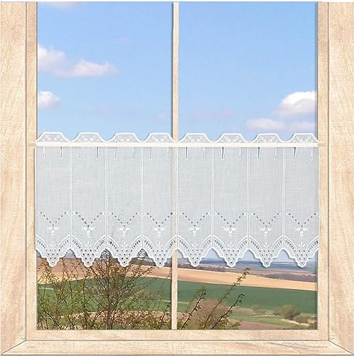 Landhaus-Gardine Nele mit Bohrstickerei Weiß HxB 30x80 cm | Halbtransparente Scheibengardine Hochwertige Vogtländische Stickerei auf Strukturbatist atelier alles-Spitze