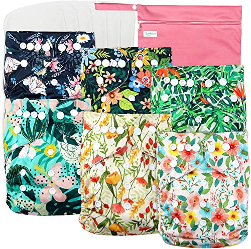 Leekalos Cloth Diapers Reusable for Boys and Girls, Baby Diaper Cloth with Inserts & Wet Bag One Size