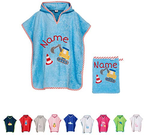 SET Kinder Badetuch Poncho und Waschhandschuh Waschlappen bestickt Playshoes | personalisiert mit Namen | Baby Kapuze Bademantel | Robe | Baumwolle