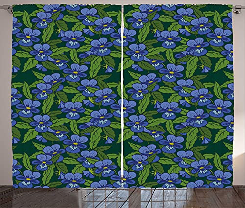 ABAKUHAUS Stiefmütterchen Rustikaler Vorhang, Top View Blüten und Blätter, Wohnzimmer Universalband Gardinen mit Schlaufen und Haken, 280 x 260 cm, Ceil Blau Grün Smaragd