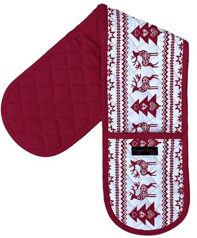 Double Oven Gloves - 84 cm x 18 cm x 1 cm, 1-Piece Oven Mitts for Cooking & Baking - Cotton, Machine Washable at 30° - Kitchen Essentials by Ragged Rose - (Red Christmas Nordic)