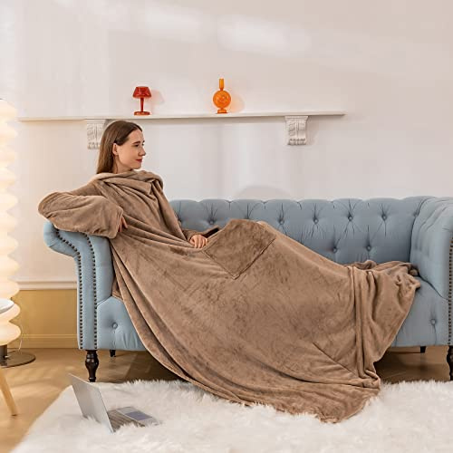 Aisbo TV Decke mit Ärmeln und Füßen - Übergroße Kuscheldecke mit Ärmel und Fußtasche, Decke zum Anziehen Erwachsene Wearable Blanket, Taupe Ganzkörper Decke mit Armen als Geschenke für Frauen Männer