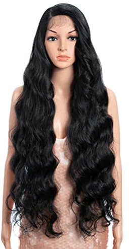 Style Icon Super Lange Schwarze lockige gewellte Perücken für Frauen 91cm Seite Teil Spitze Front Perücken Vorgezupft mit Babyhaar Synthetische Hochtemperatur-Faser