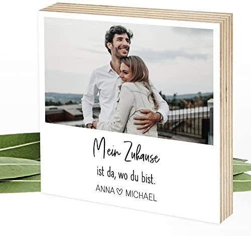 Wunderpixel® Holzbild Geschenk für Paare - DEIN Foto und DEIN Spruch auf Holz - 15x15x2cm echter Foto-Abzug mit Wunsch-Text auf Holz - Wand-Bild Aufsteller Deko Geschenk-Idee