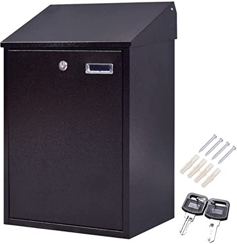 TANGZON Wall Mounted Lockable Mailbox, Weatherproof Galvanized Steel Post Box with Cover, Keys & Top-Loading Letter Slot, Outdoor Letter Box Parcel Delivery Box for Porch Yard, 32 x 21 x 48cm (Black)