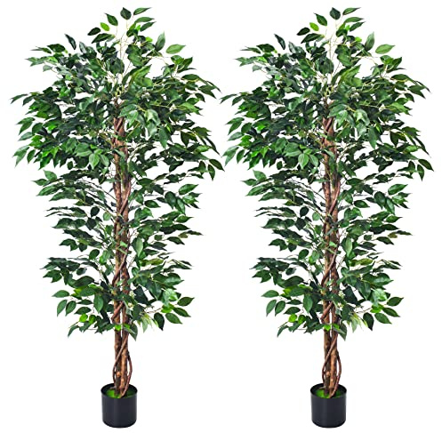 HAIHONG Artificial Ficus Tree 5FT Faux Silk Plants with Sturdy Plastic Nursery Pot,Fake Ficus Trees for Home Office Farmhouse Indoor Outdoor Decor Perfect Housewarming Gift (5FT-2Packs)