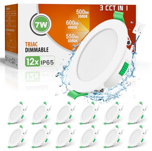 ALUSSO 3CCT LED Einbaustrahler 230V Dimmbar 7W IP65, Loch 67-75MM, 12er Set | Spots Deckenleuchte 3000K 4000K 6500K Wählbar, Deckenspots Einbauleuchten Einbauspots LED für Badezimmer Küche, Rund Weiss