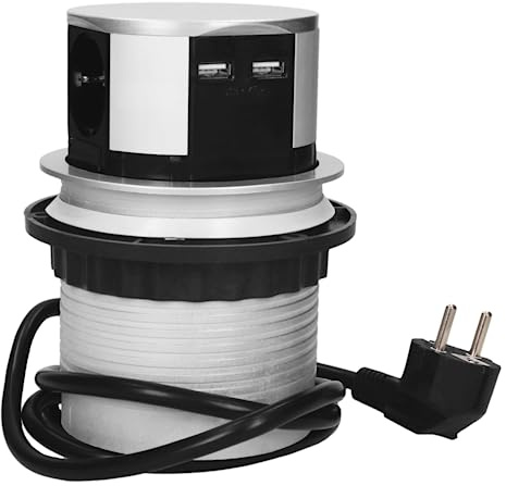 Miratic Versenkbare Einbau Steckdosenleiste 3-Fach + 2X USB Ladegerät 3680W, Ø10cm, Anschlussfertig mit 1,5m Schuko kabellänge