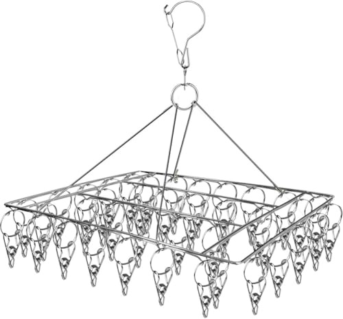 Sock Hanger for Washing Line, Sock Dryer with 40 Pegs and Swivel Hook Stainless Steel Sock Drying Rack Windproof Laundry Metal Square Hanger for Socks, Underwear, Baby Clothes, Gloves and Small Items