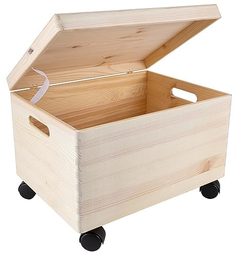 Creative Deco XXL Große Holzkiste mit Deckel und Rollen | 40x30x24 cm (+/-1cm) | Weihnachten Holztruhe Erinnerungsbox Baby Holzbox mit Deckel und Griffen | Leicht zu transportieren | ROH UNGESCHLIFFEN