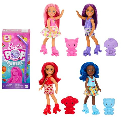 Barbie Chelsea Pop Reveal Serie Frutas Brick zumo revela muñeca, incluye ropa y accesorios sorpresa, modelos surtidos, juguete +3 años (Mattel HRK58)