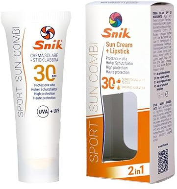 Snik SPORT SUN CREAM COMBI 2in1 | Crema Solare Viso + Lipstick Labbra | Montagna, Sci, Sport Invernali ed Estivi | Protegge da Sole, Vento e Freddo | SPF 30 Alta Protezione UVA + UVB | Tubetto 15 ml.