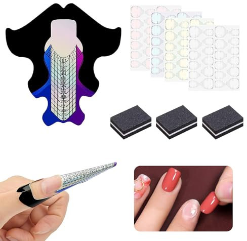 MisFun 100 Stück Nagelschablonen, Modellier Schablone ​Selbstklebend mit 4 Blatt Transparent Nagel Klebepads und 3 Nagelfeile, Nagelverlängerung Gelnägel Zubehör für Künstliche Fingernagel