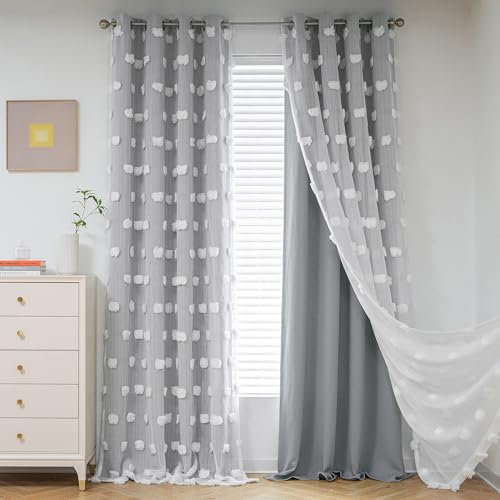 MYSKY HOME Cortinas con ojales para habitación infantil, 2 unidades, aislamiento acústico, cortinas de doble capa con gasa, 213 x 132 cm, gris