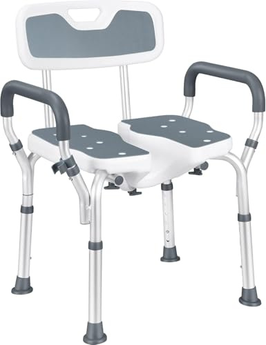 GEDRACKPMYN Duschhocker mit Hygieneausschnitt, 6-Fach höhenverstellbarer Duschstuhl mit Rückenlehne und Armlehnen, belastbar bis 180kg, für Schwangere, Behinderte