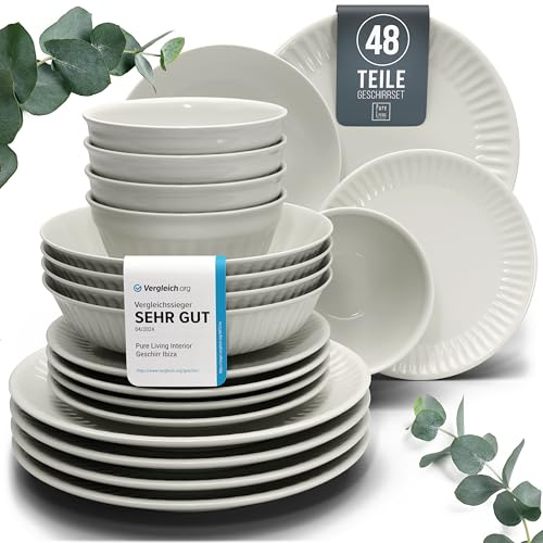 Steingut Geschirrset 12 Personen Hygge 48 tlg. TESTSIEGER, Traumhaftes Skandinavisches Steingut Geschirr Set, Schüssel- und Teller Set, Tafelservice 12 Personen, Geschirrsets Pure Living in Beige