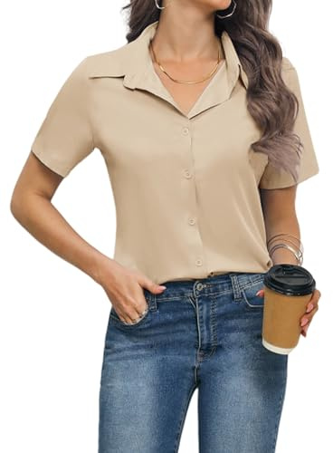 Zeagoo Damblus, affärsskjorta, kortärmad skjortblus, V-ringad, blusar, eleganta toppar med knappar, skjortor, ledig skjorta, kaki, M
