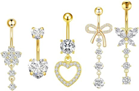 RUGBOL Lot de 5 piercings de nombril en titane pour femme (doré)