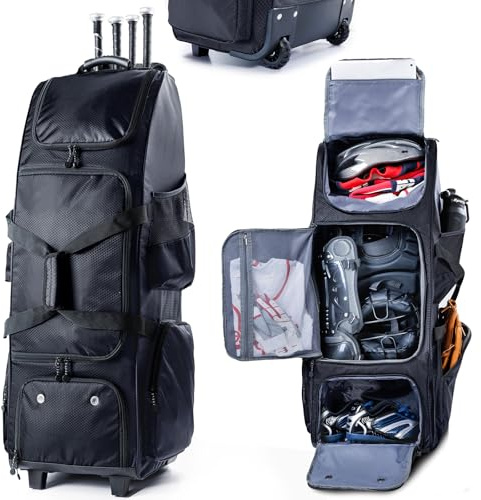 VIGEGARI Large Baseball Bag with Wheels for 4 Bats - Softball Bag with Fence Hook for T-Ball Bat & Equipment, Black, Large with wheels