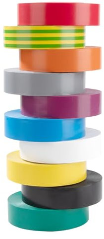 Jesustree Cinta Aislante Eléctrica, Paquete de 10 Cintas Adhesivas de 19 mm × 20 m Colores Mixtos PVC, Resistente al Agua, para Proyectos de Cableado y Reparaciones (200 metros en total)