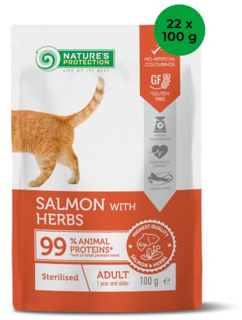 Nature's Protection Cibo umido per gatti sterilizzati – Cibo per gatti senza cereali con salmone ed erbe – cibo umido ipoallergenico per gatti per una sana digestione e controllo del peso (22 x 100 g)