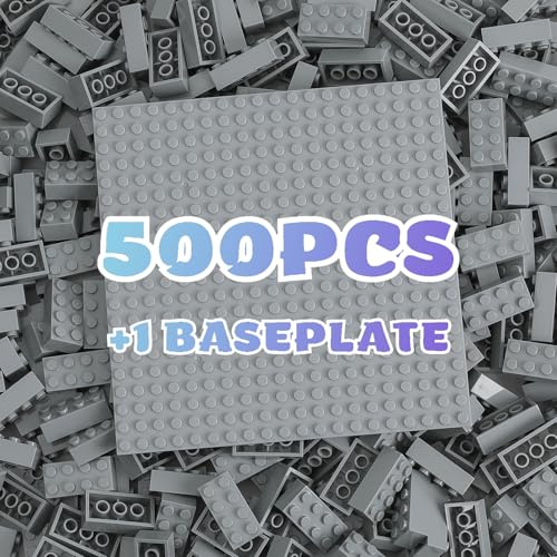 HUIZDQ 500 Stücke 2X4 Classic Bausteine Set, Klassische stapelbare Grundplatten, Geeignet für Jungen und Mädchen ab 6 Jahren, Kompatibel mit Allen Wichtigen Marken, Light Grey